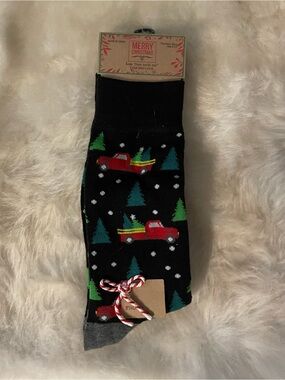 Belk Black Christmas Truck Crew Socks with Green Trees
